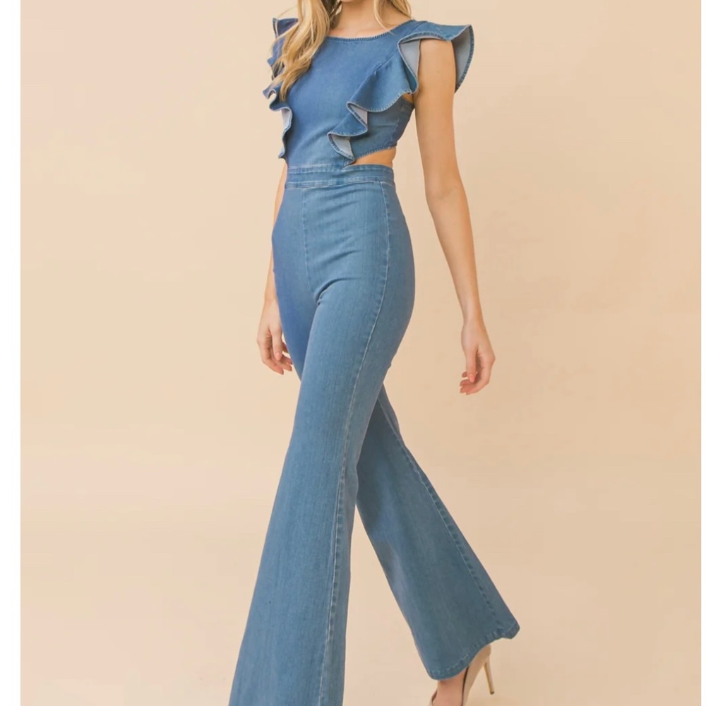 fashion nova jumpsuit denim cut out back flare leg size M